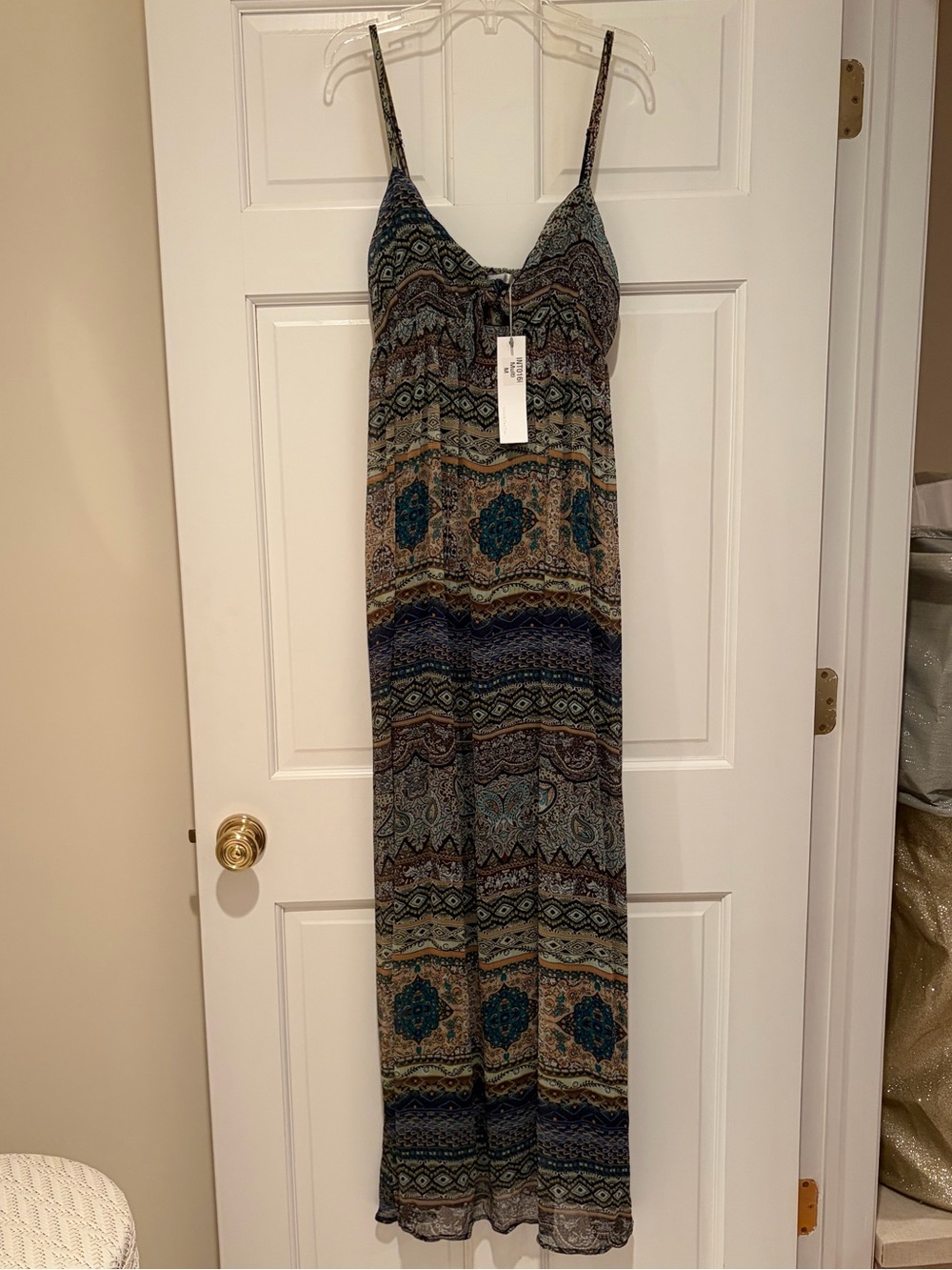 NWT MINKPINK Multi-Color Boho Maxi Dress with Teal & Brown Print